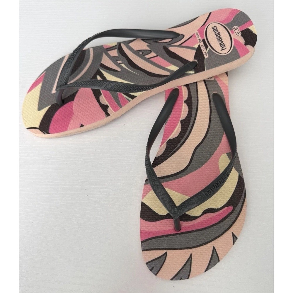Havaianas Flip Flops Tropical Print Pink Gray Women's Size 11–12 EU 43/44 Sandal - Picture 2 of 7